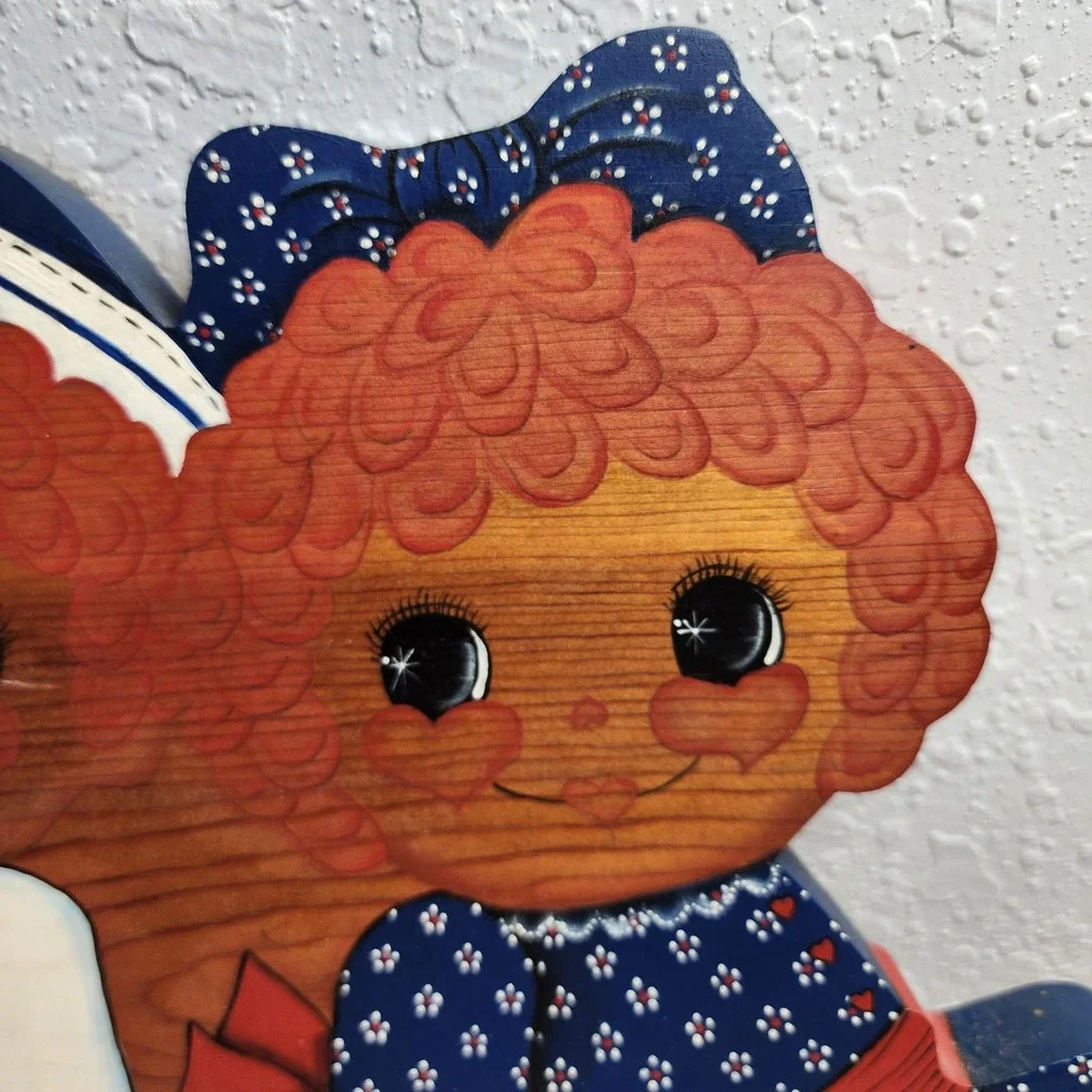 Vintage Wooden Raggedy Ann & Andy Wall Hanger Shelf Red Blue Hearts Rustic Decor